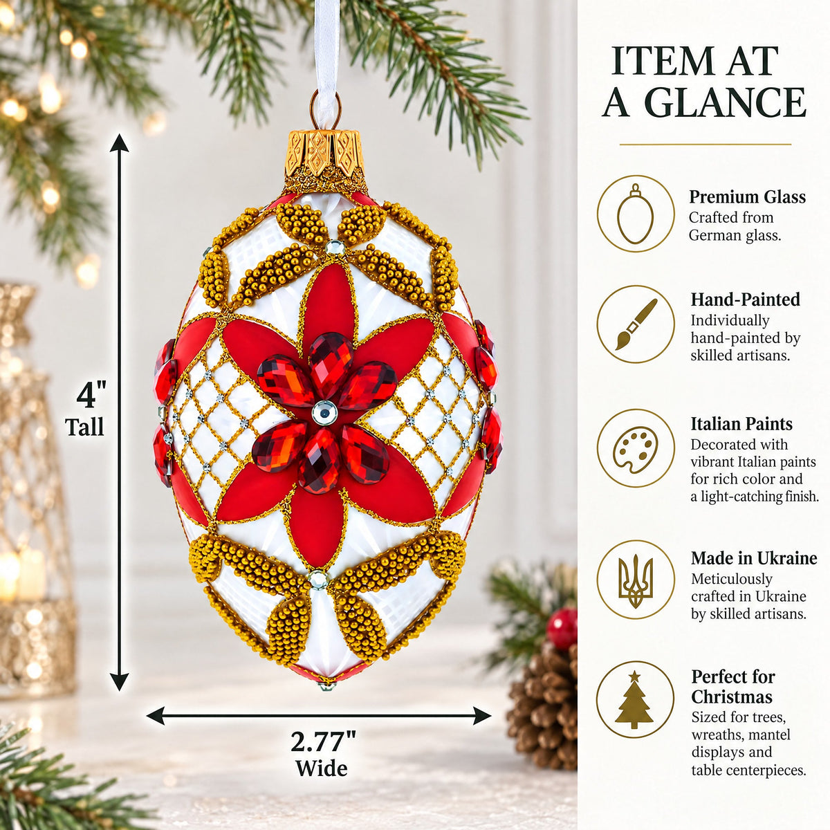 Red Jeweled Stars on White Glass Egg Ornament 4 Inches