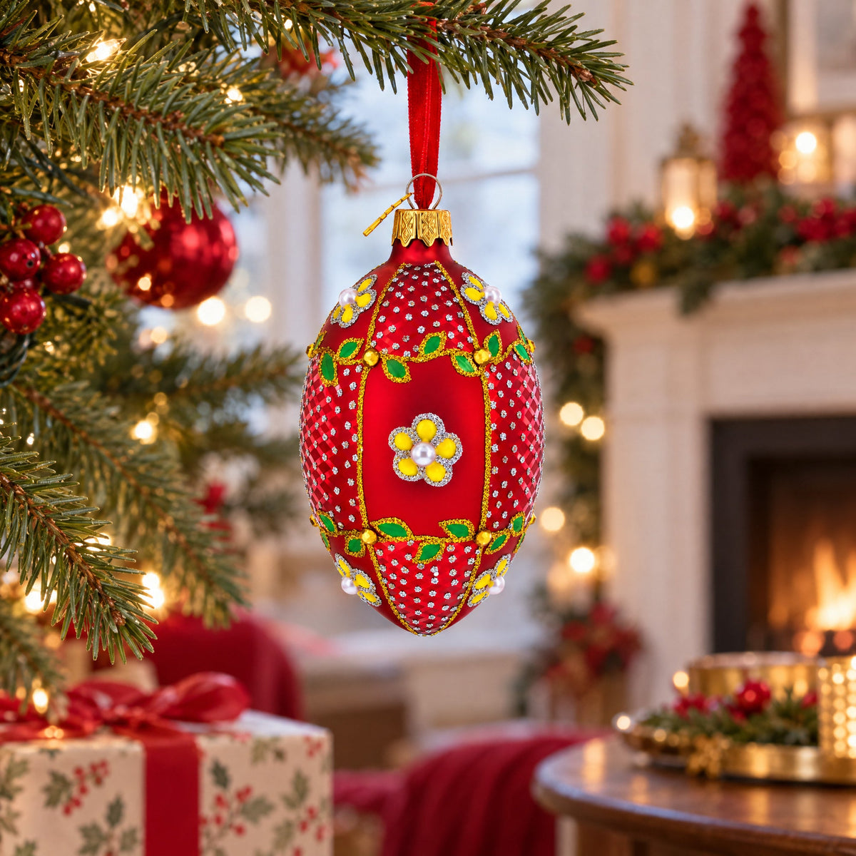 Yellow Flower on Red Glass Egg Ornament 4 Inches