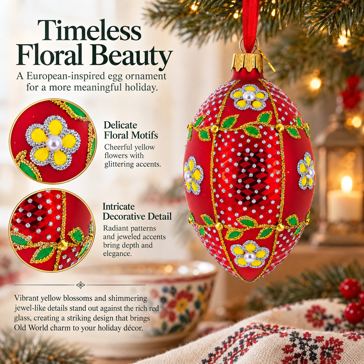 Yellow Flower on Red Glass Egg Ornament 4 Inches