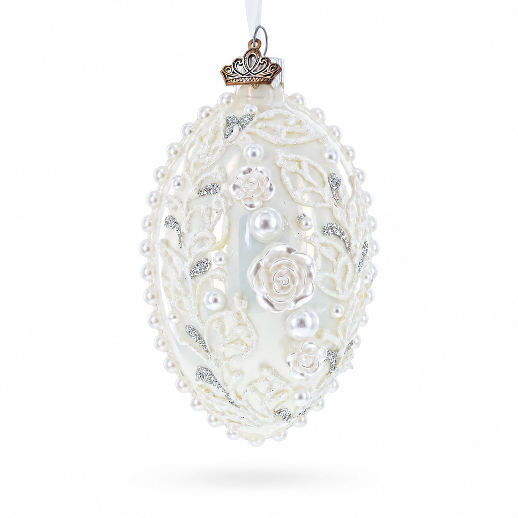 3D Pearl Roses Glass Egg Ornament 4 Inches
