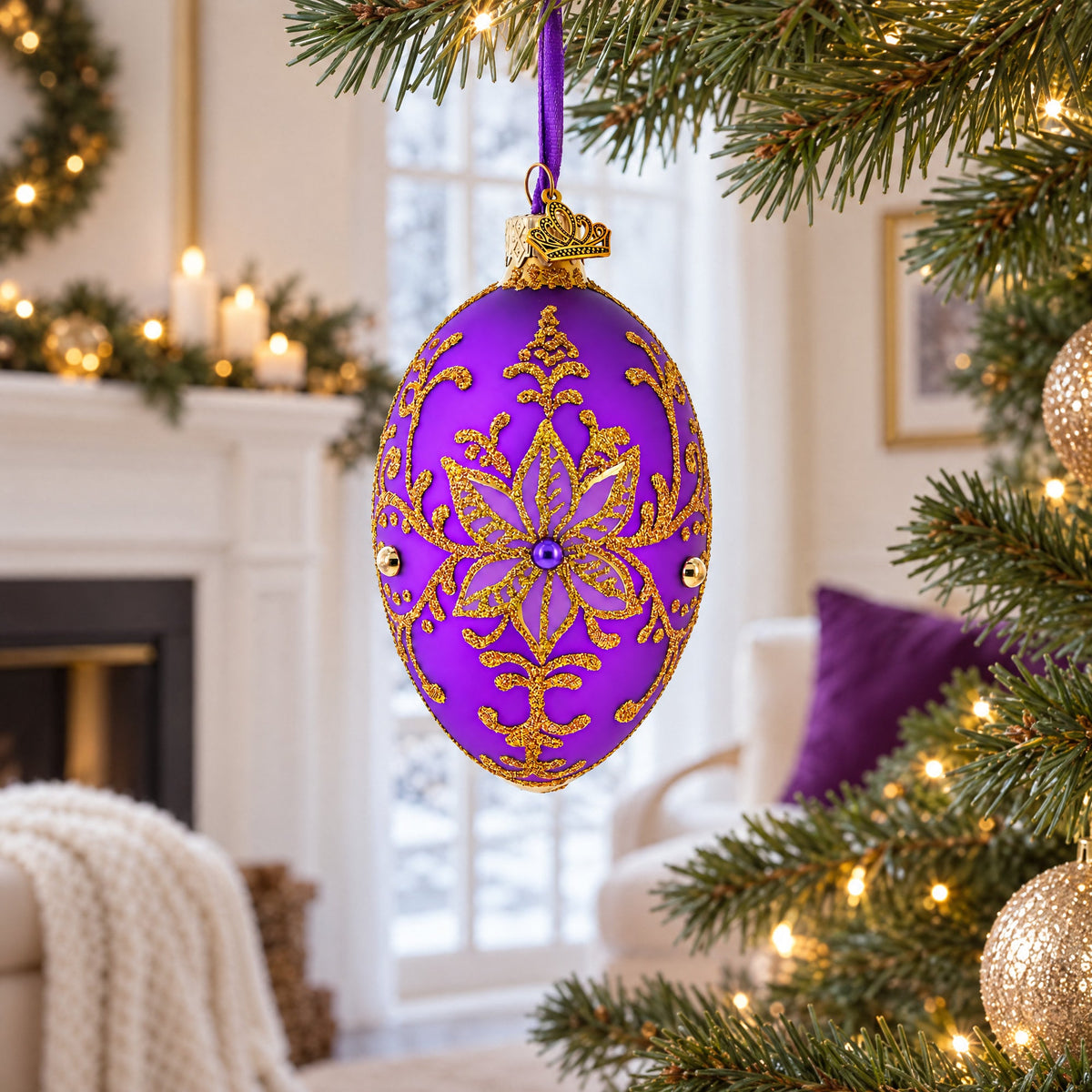 Golden Swirls on Purple Glass Egg Ornament 4 Inches