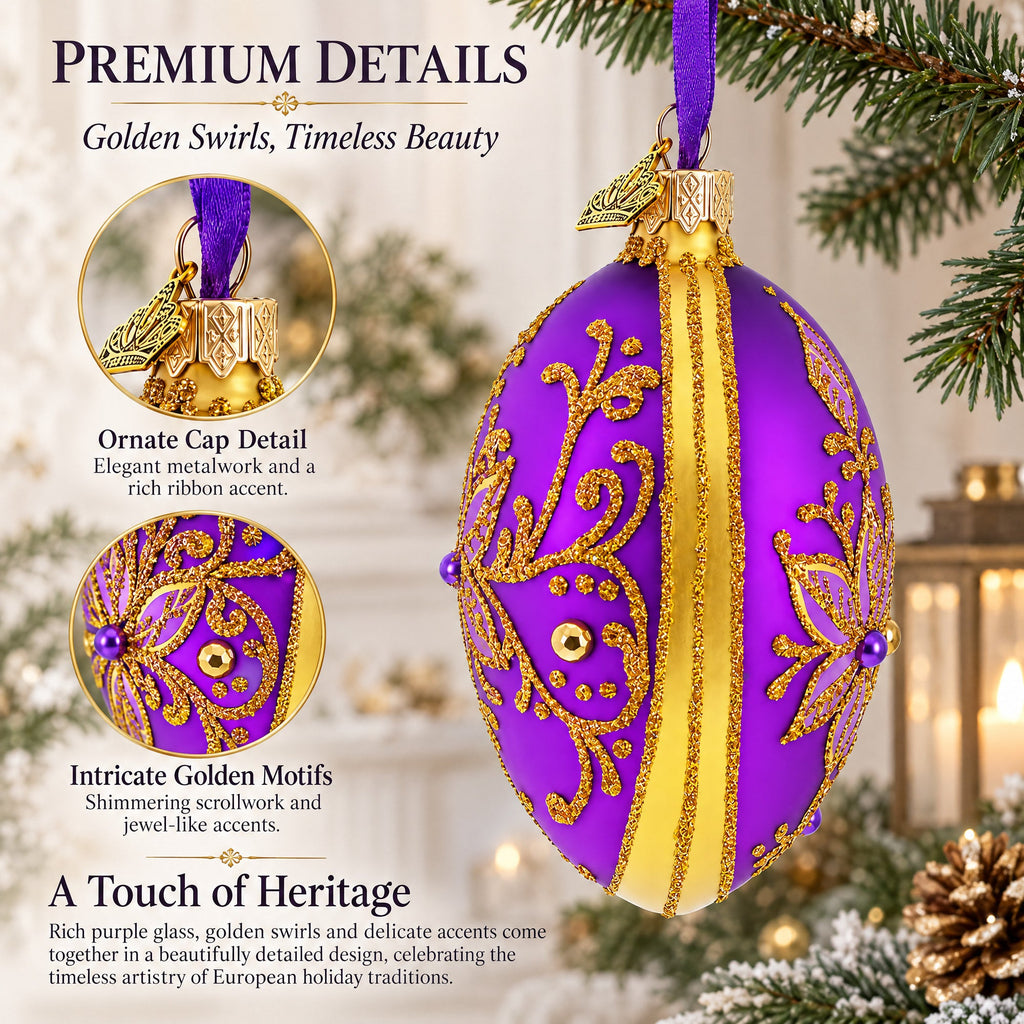 Golden Swirls on Purple Glass Egg Ornament 4 Inches
