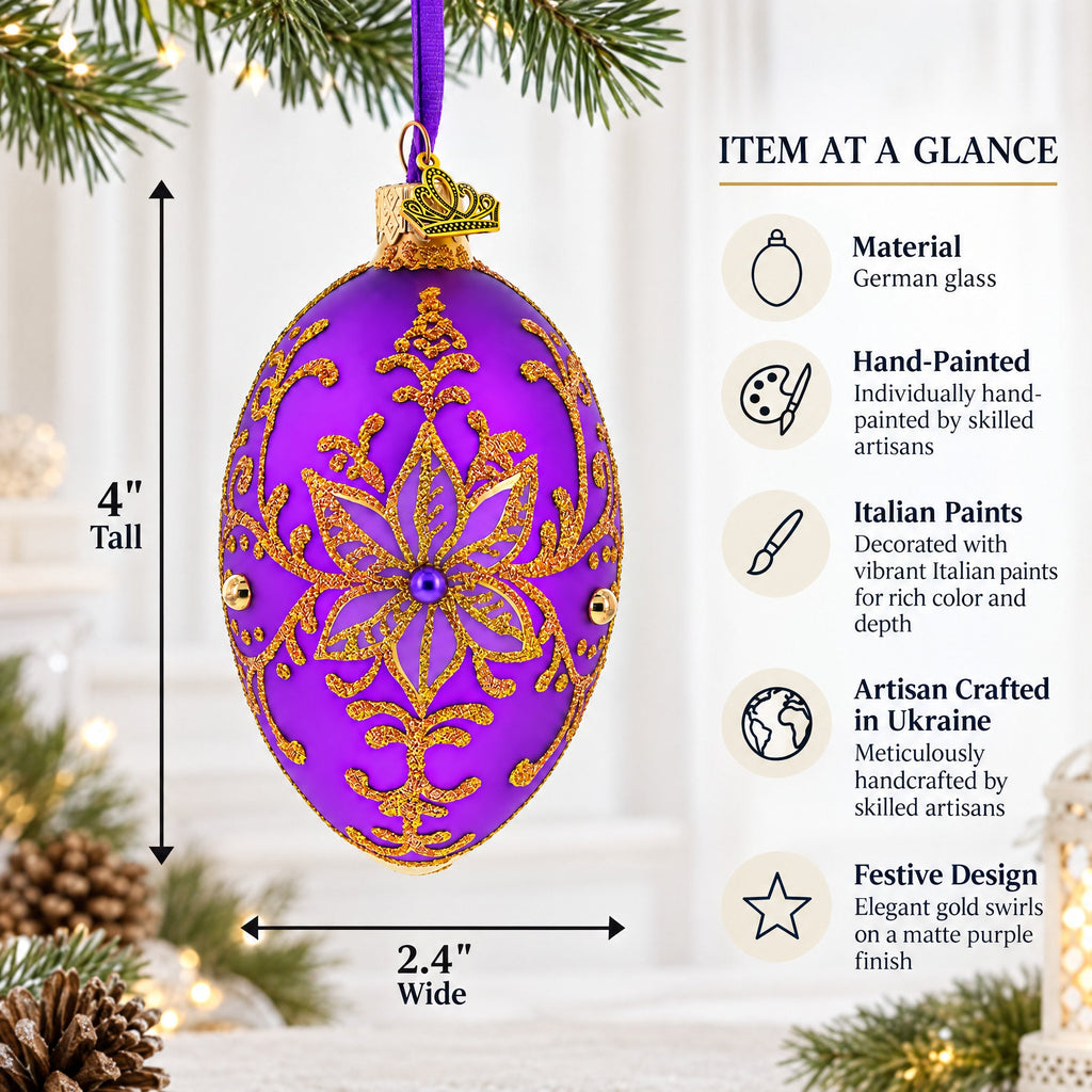Golden Swirls on Purple Glass Egg Ornament 4 Inches