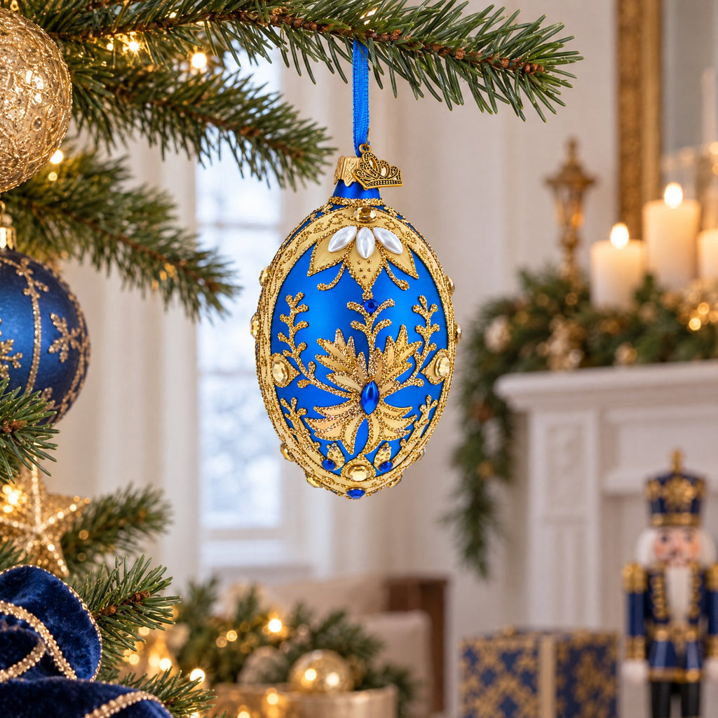 Golden Swirls on Blue Glass Egg Ornament 4 Inches