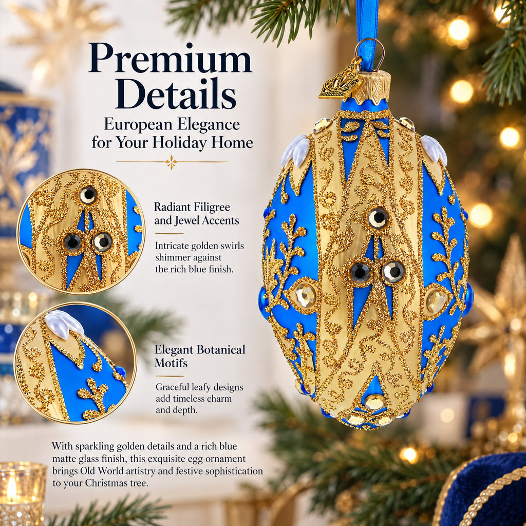 Golden Swirls on Blue Glass Egg Ornament 4 Inches