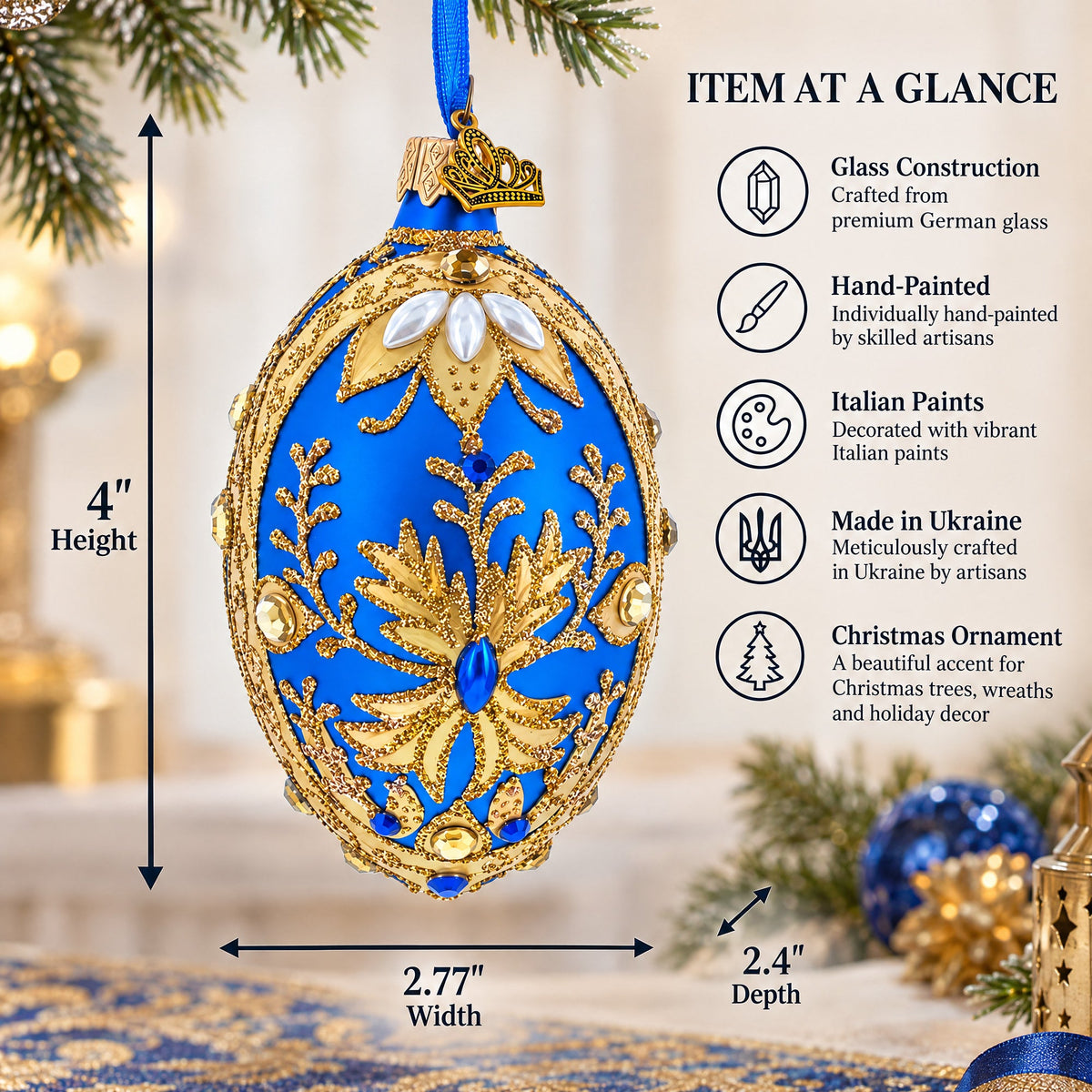 Golden Swirls on Blue Glass Egg Ornament 4 Inches