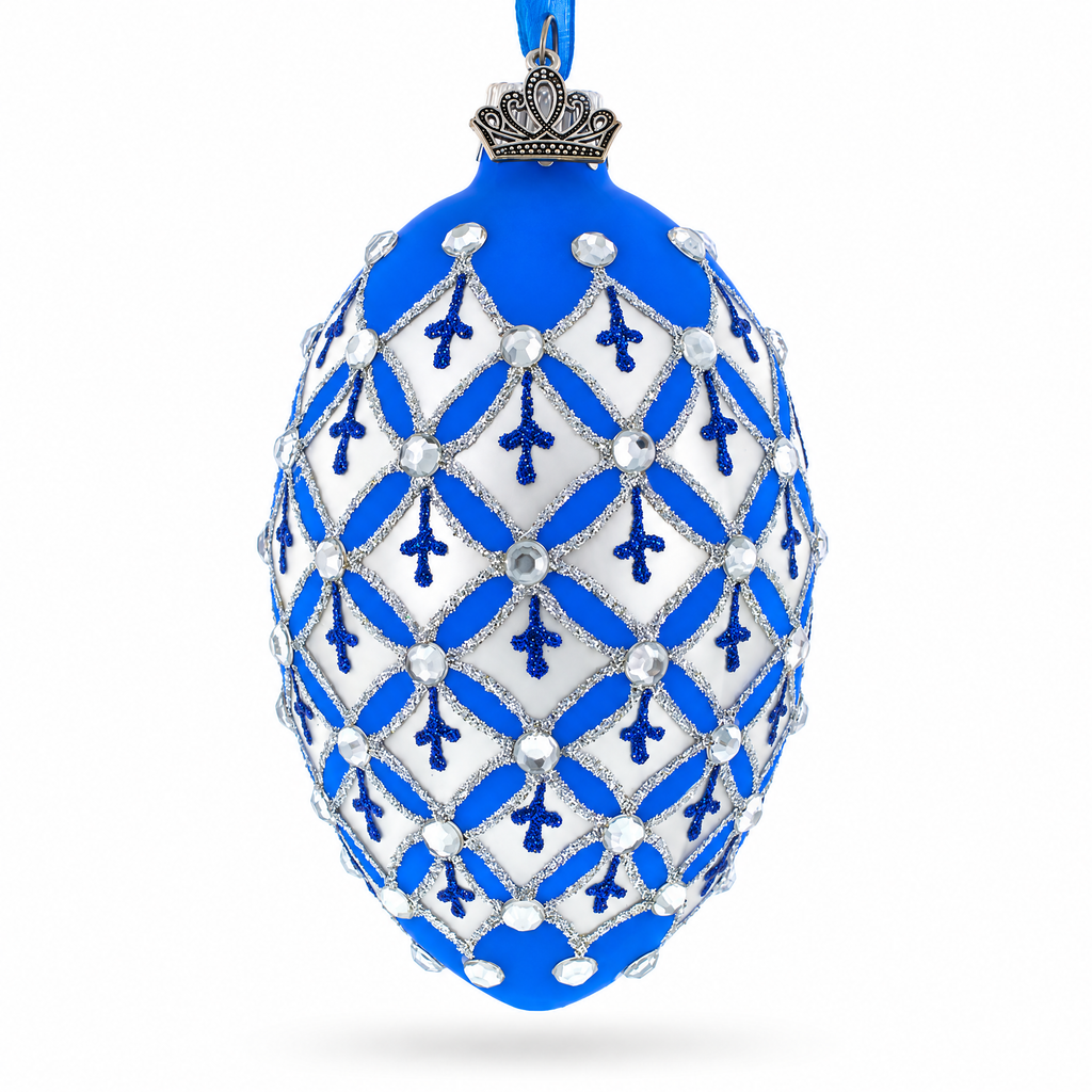Silver Diamonds on Blue Glass Egg Ornament 4 Inches