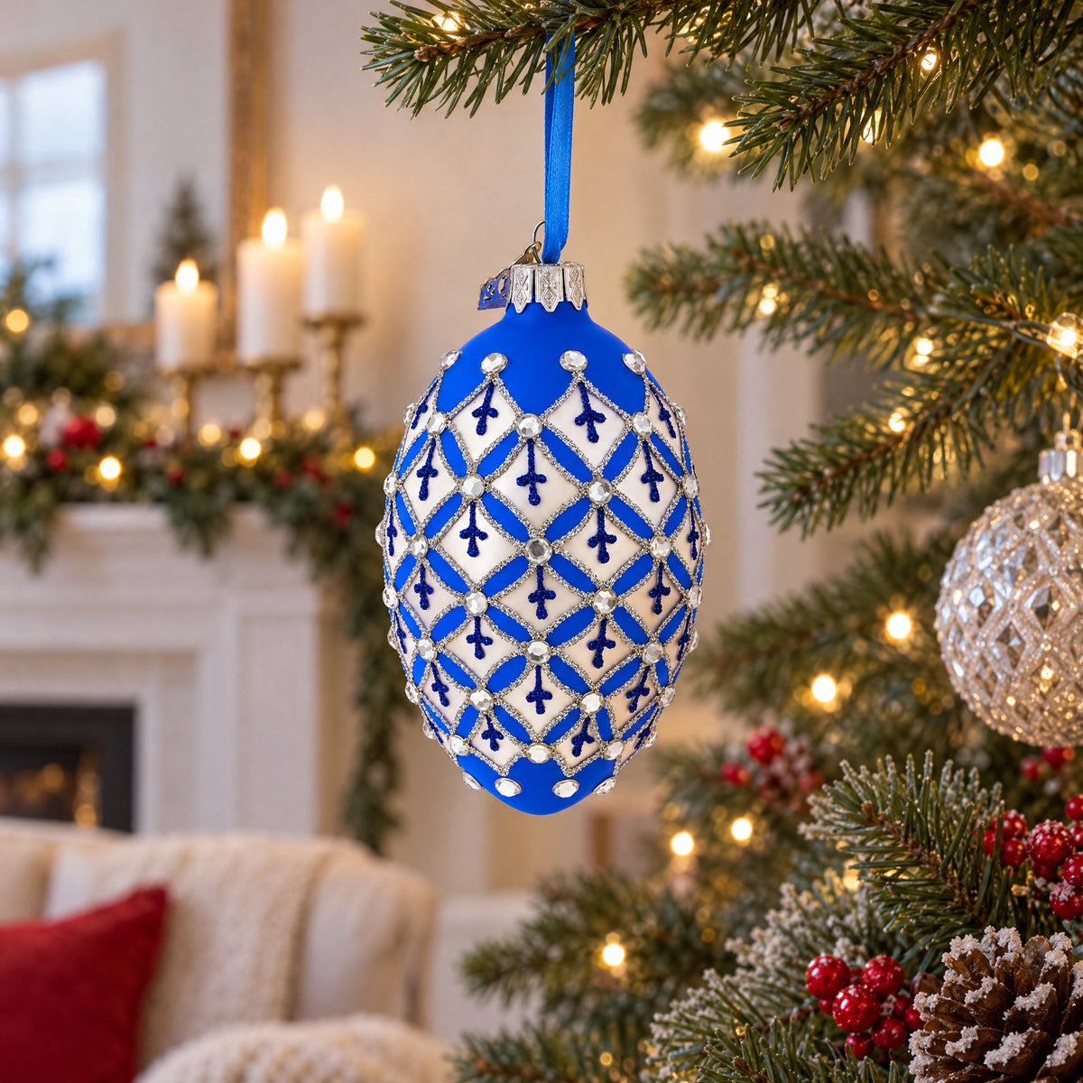 Silver Diamonds on Blue Glass Egg Ornament 4 Inches