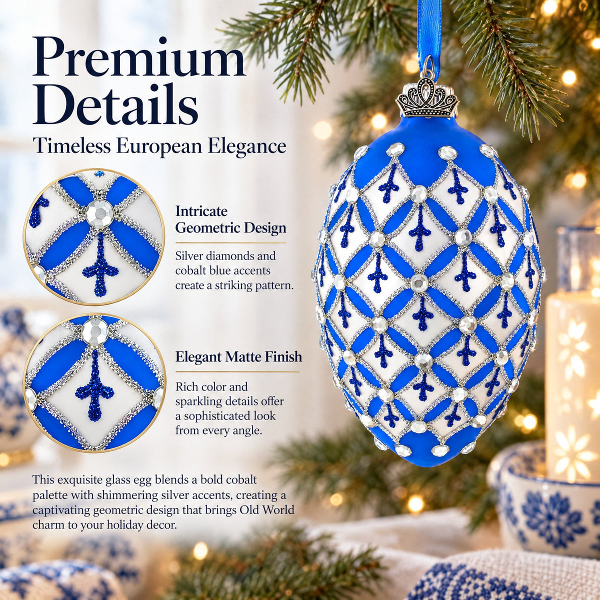 Silver Diamonds on Blue Glass Egg Ornament 4 Inches