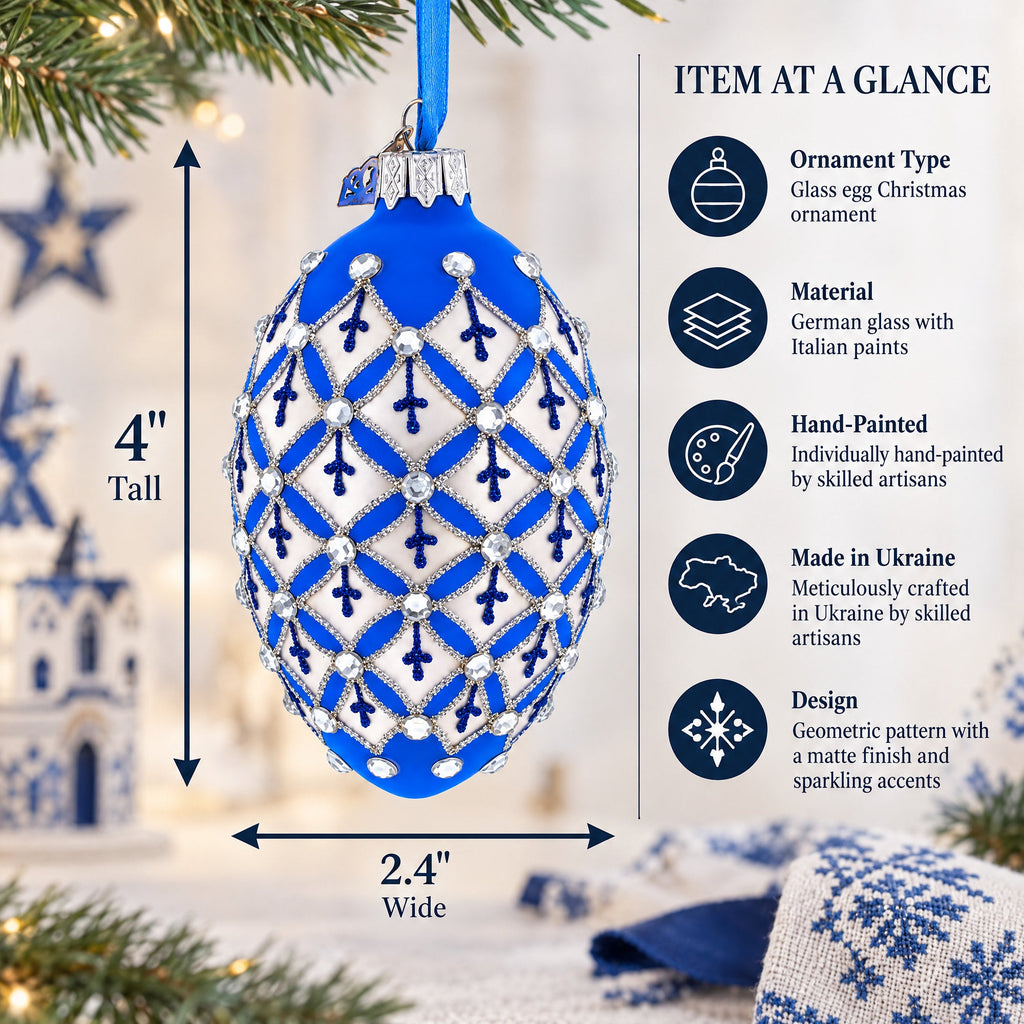 Silver Diamonds on Blue Glass Egg Ornament 4 Inches