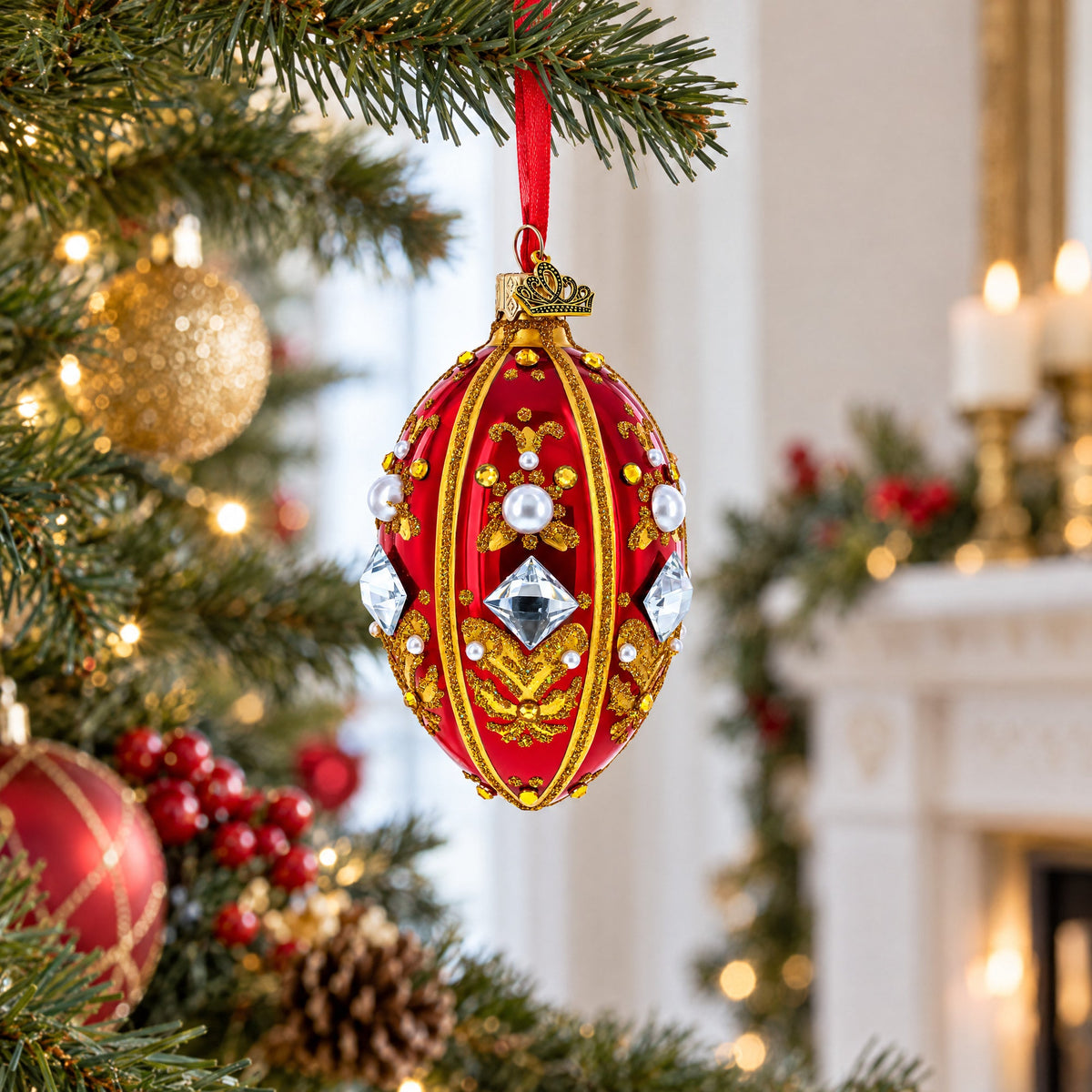Diamonds and Pearls on Red Glass Egg Ornament 4 Inches