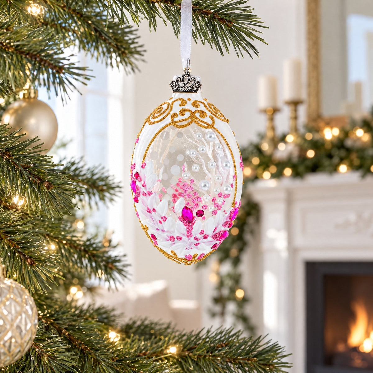 Pink Pearls on Clear Glass Egg Ornament 4 Inches