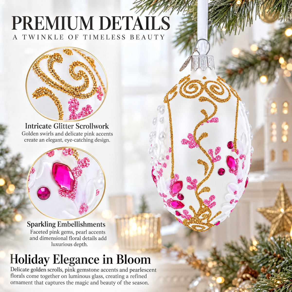 Pink Pearls on Clear Glass Egg Ornament 4 Inches