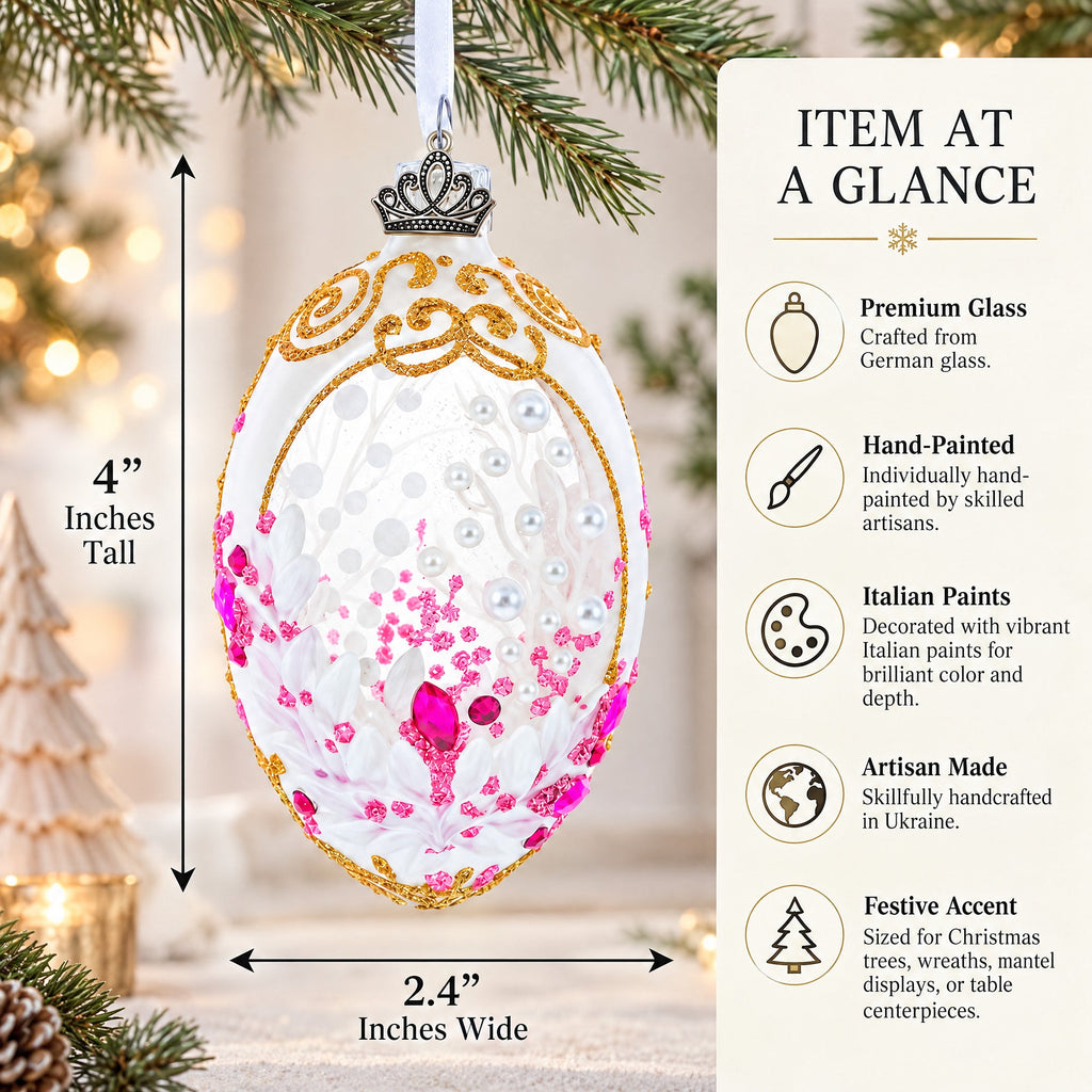 Pink Pearls on Clear Glass Egg Ornament 4 Inches