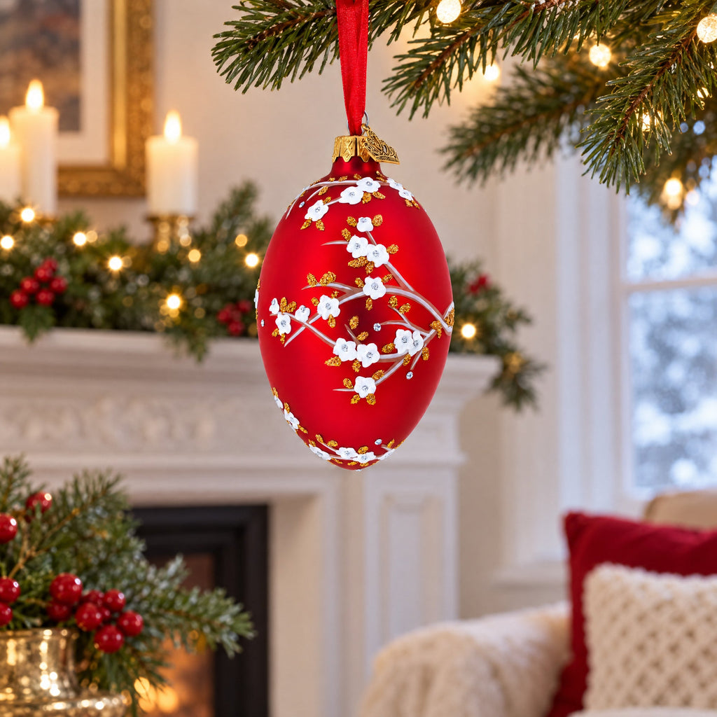 1901 Kelch Apple Blossom on Red Royal Egg Glass Ornament 4 Inches