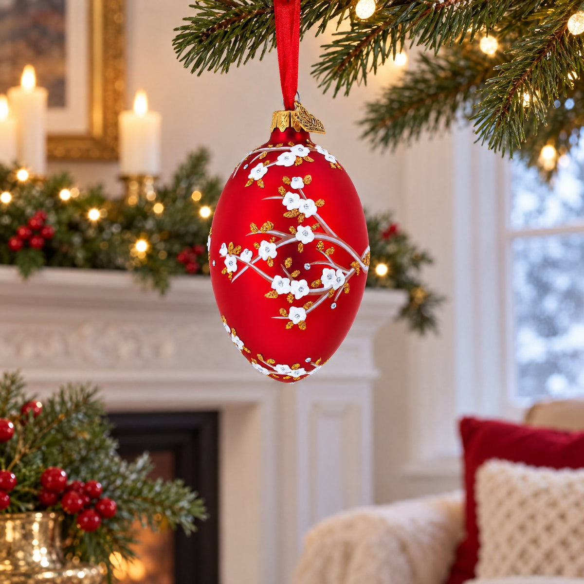 1901 Kelch Apple Blossom on Red Royal Egg Glass Ornament 4 Inches