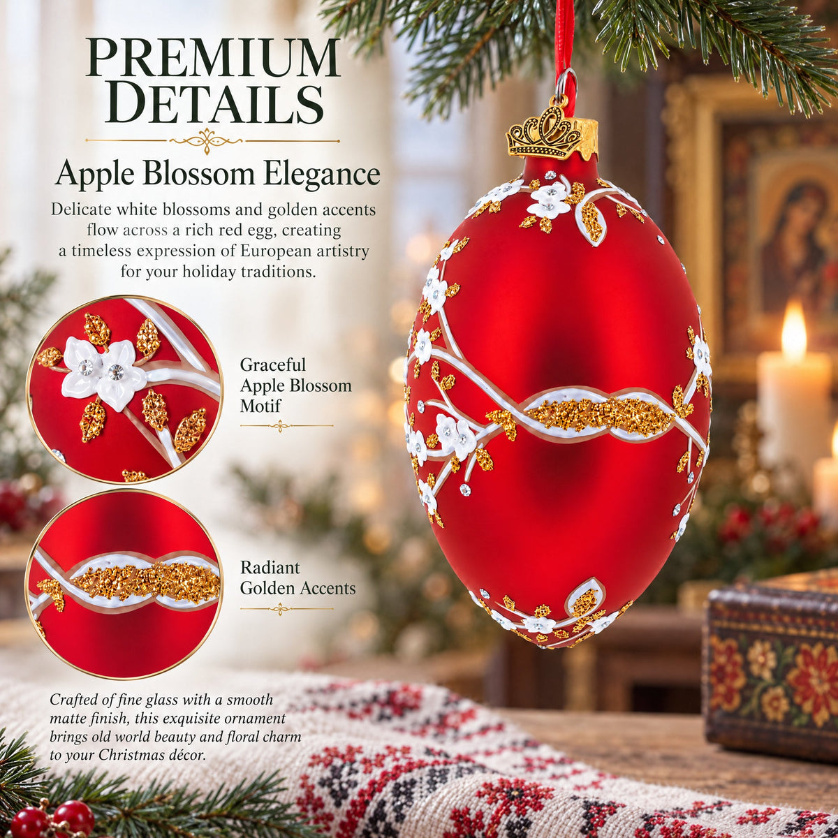 1901 Kelch Apple Blossom on Red Royal Egg Glass Ornament 4 Inches