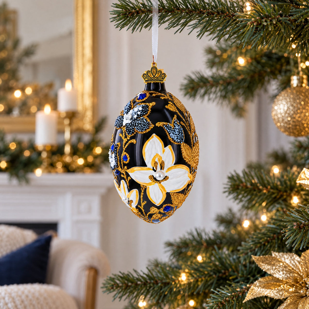 Black and Gold Floral with Jewel Accents Glass Egg Ornament 4 Inches
