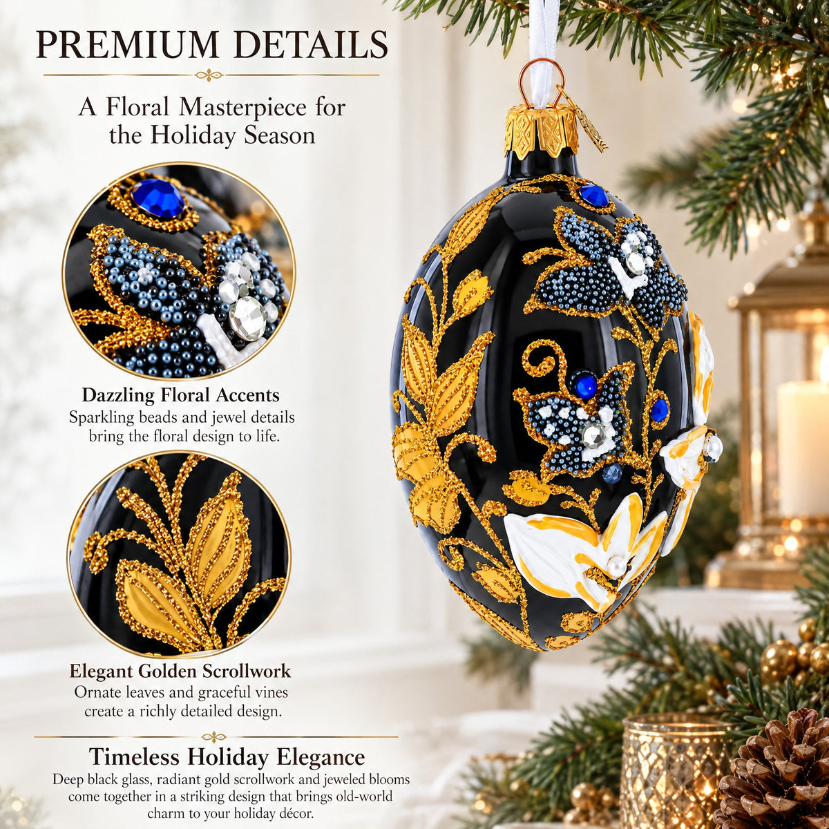 Black and Gold Floral with Jewel Accents Glass Egg Ornament 4 Inches