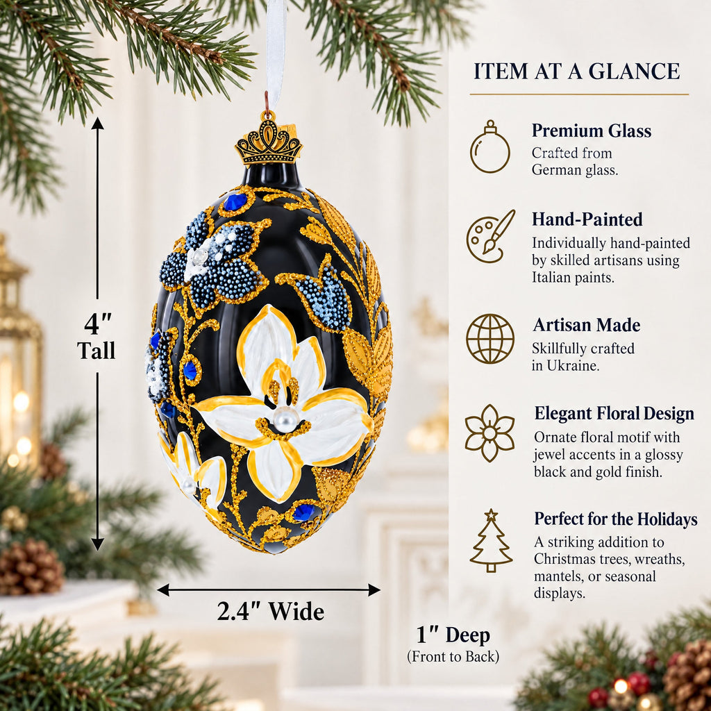 Black and Gold Floral with Jewel Accents Glass Egg Ornament 4 Inches