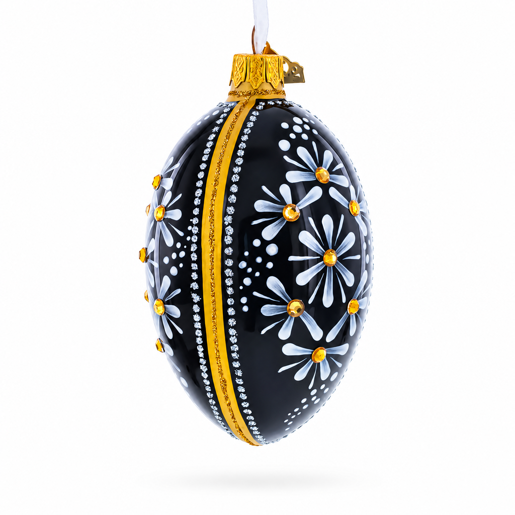 Daisy Motif with Golden Accents and Crystals Glass Egg Ornament 4 Inches