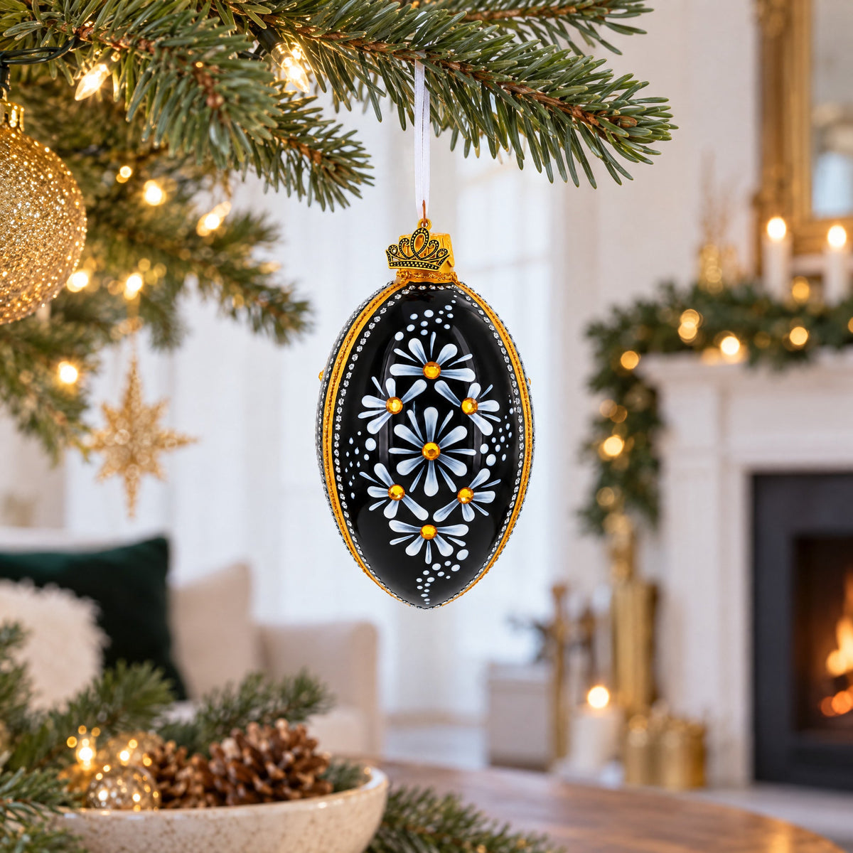 Daisy Motif with Golden Accents and Crystals Glass Egg Ornament 4 Inches