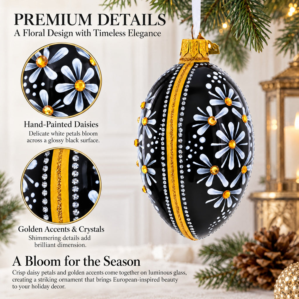 Daisy Motif with Golden Accents and Crystals Glass Egg Ornament 4 Inches