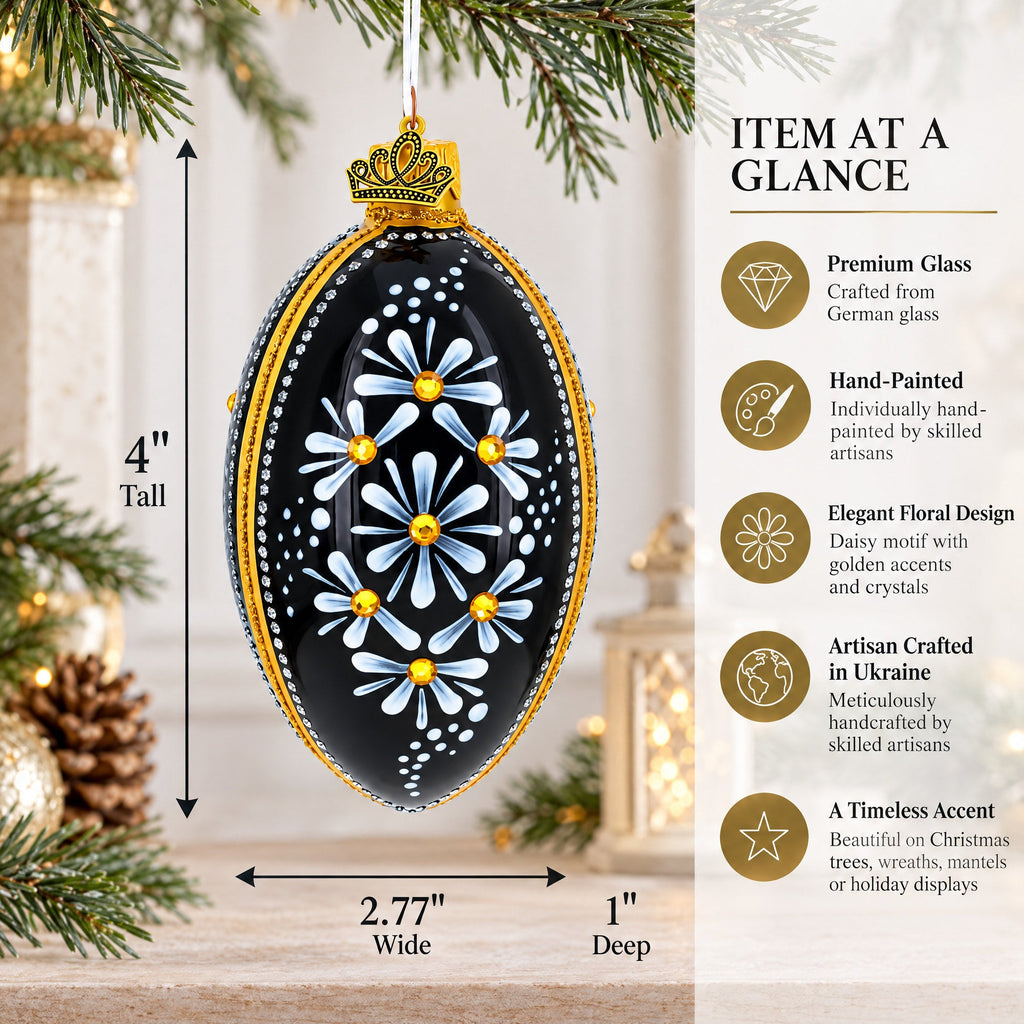 Daisy Motif with Golden Accents and Crystals Glass Egg Ornament 4 Inches