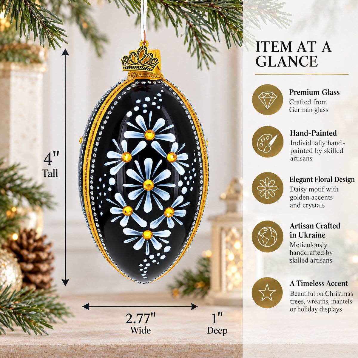 Daisy Motif with Golden Accents and Crystals Glass Egg Ornament 4 Inches