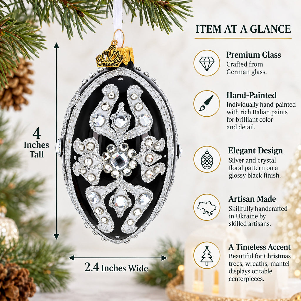 Silver and Crystal Floral Pattern on Black Glass Egg Ornament 4 Inches