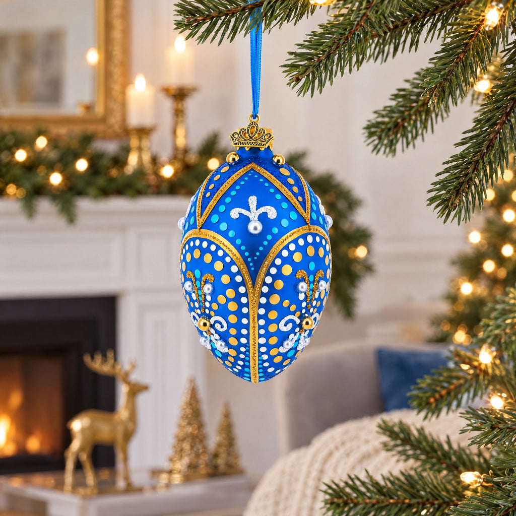 Royal Blue and Gold Festive Design Glass Egg Ornament 4 Inches