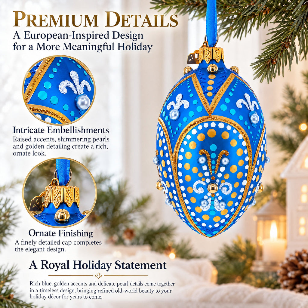 Royal Blue and Gold Festive Design Glass Egg Ornament 4 Inches