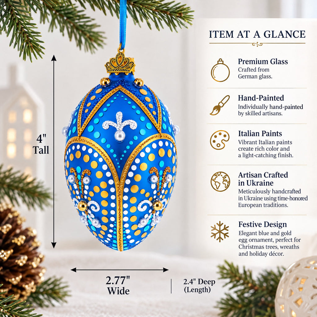 Royal Blue and Gold Festive Design Glass Egg Ornament 4 Inches