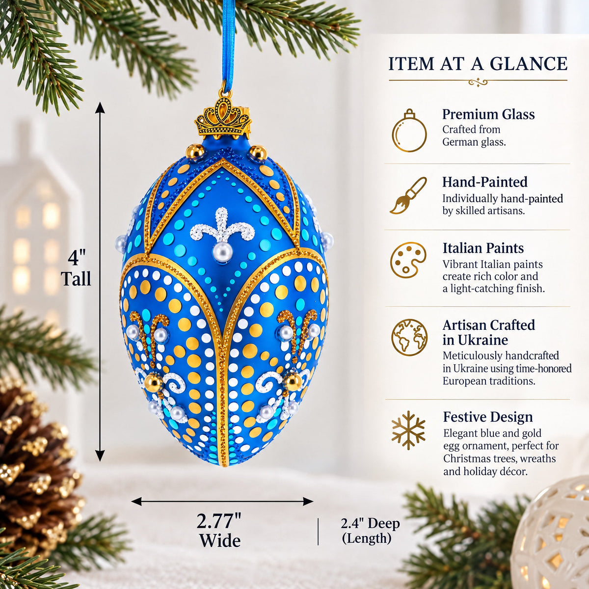 Royal Blue and Gold Festive Design Glass Egg Ornament 4 Inches