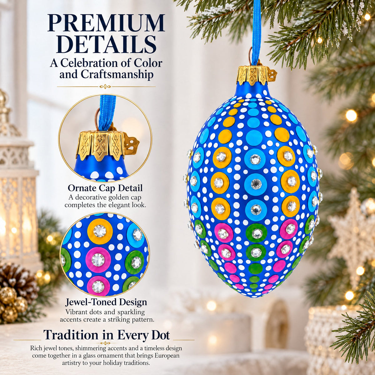 Vibrant Polka Dot Jewel-Toned Glass Egg Ornament  4 Inches