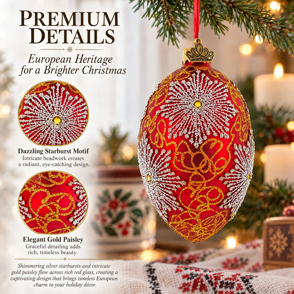 Red and Gold Paisley with Silver Starburst Glass Egg Ornament 4 Inches