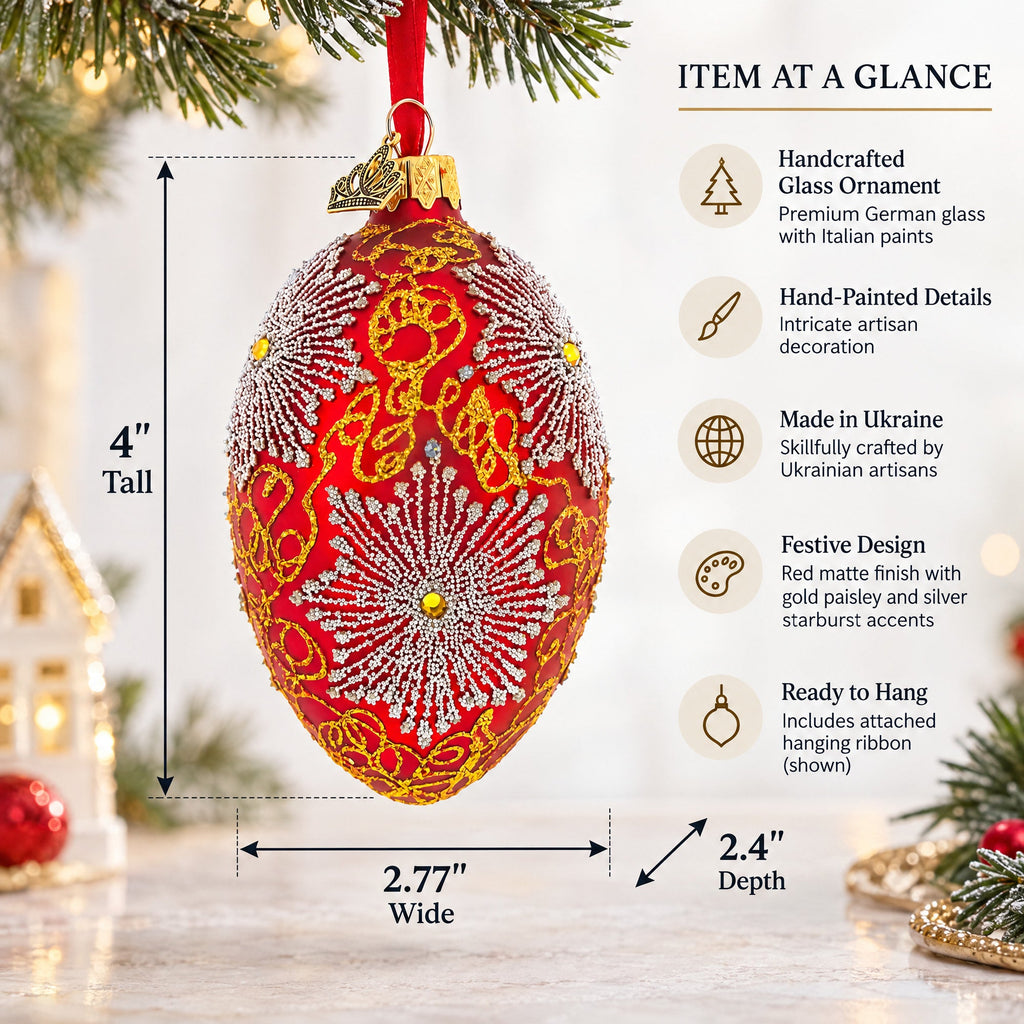 Red and Gold Paisley with Silver Starburst Glass Egg Ornament 4 Inches