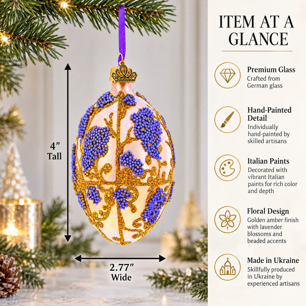 Golden Amber with Lavender Blossoms Beaded Glass Egg Ornament 4 Inches