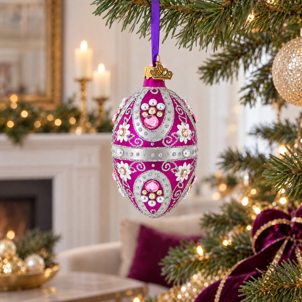 Purple Elegance with Pearls and Floral Accents Glass Egg Ornament 4 Inches