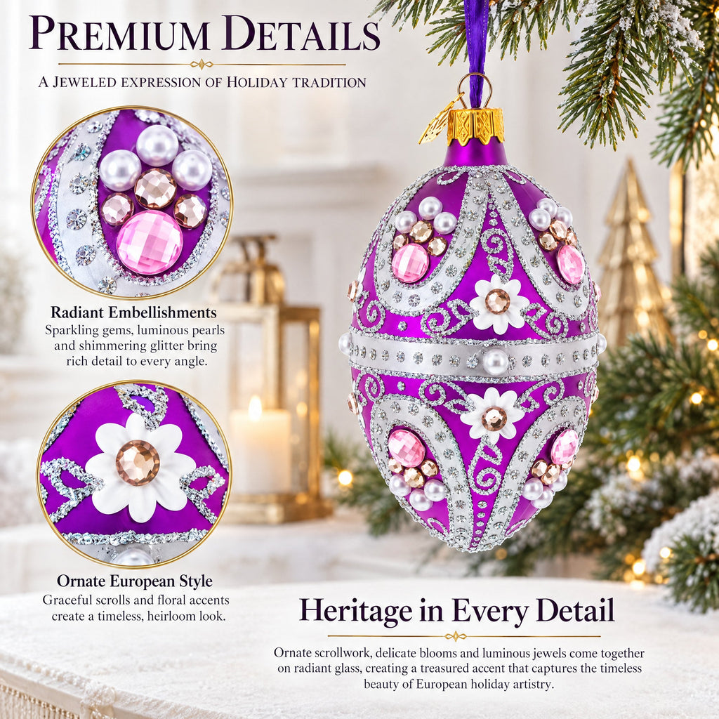 Purple Elegance with Pearls and Floral Accents Glass Egg Ornament 4 Inches