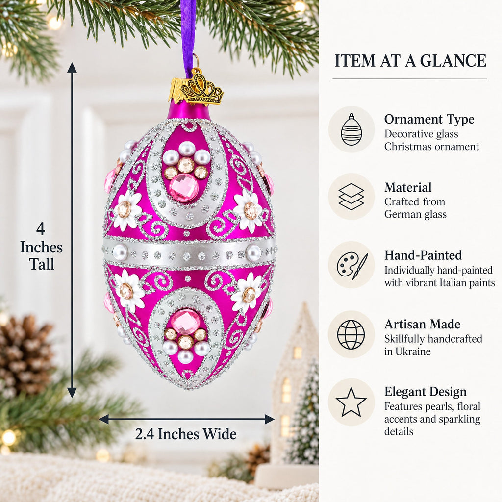Purple Elegance with Pearls and Floral Accents Glass Egg Ornament 4 Inches
