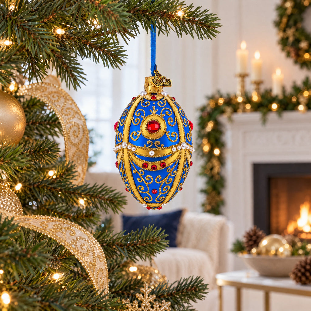 Royal Blue and Gold Ornate Jeweled Glass Egg Ornament 4 Inches