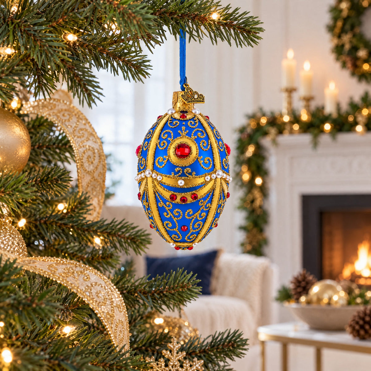 Royal Blue and Gold Ornate Jeweled Glass Egg Ornament 4 Inches