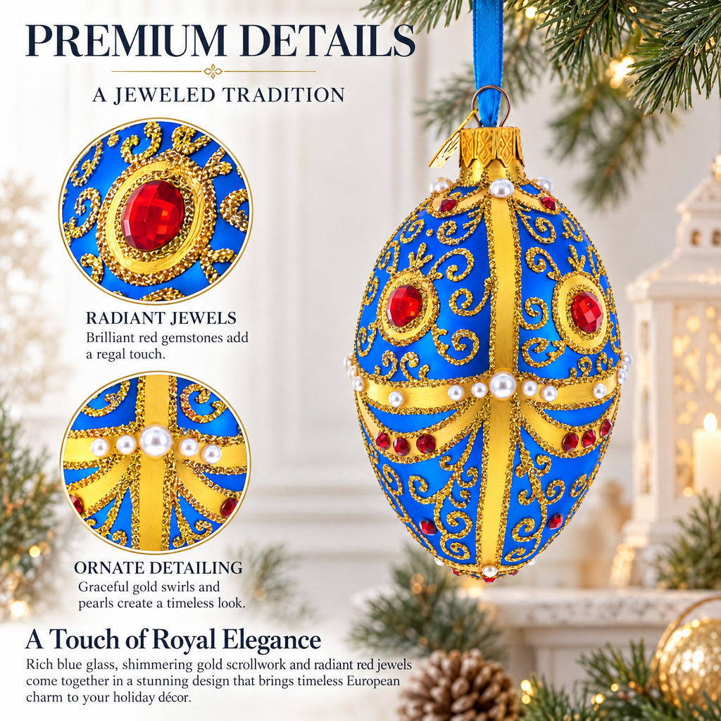 Royal Blue and Gold Ornate Jeweled Glass Egg Ornament 4 Inches