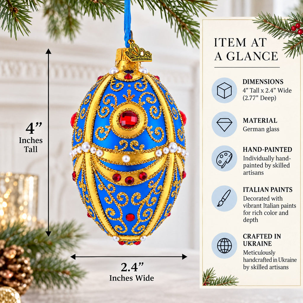 Royal Blue and Gold Ornate Jeweled Glass Egg Ornament 4 Inches