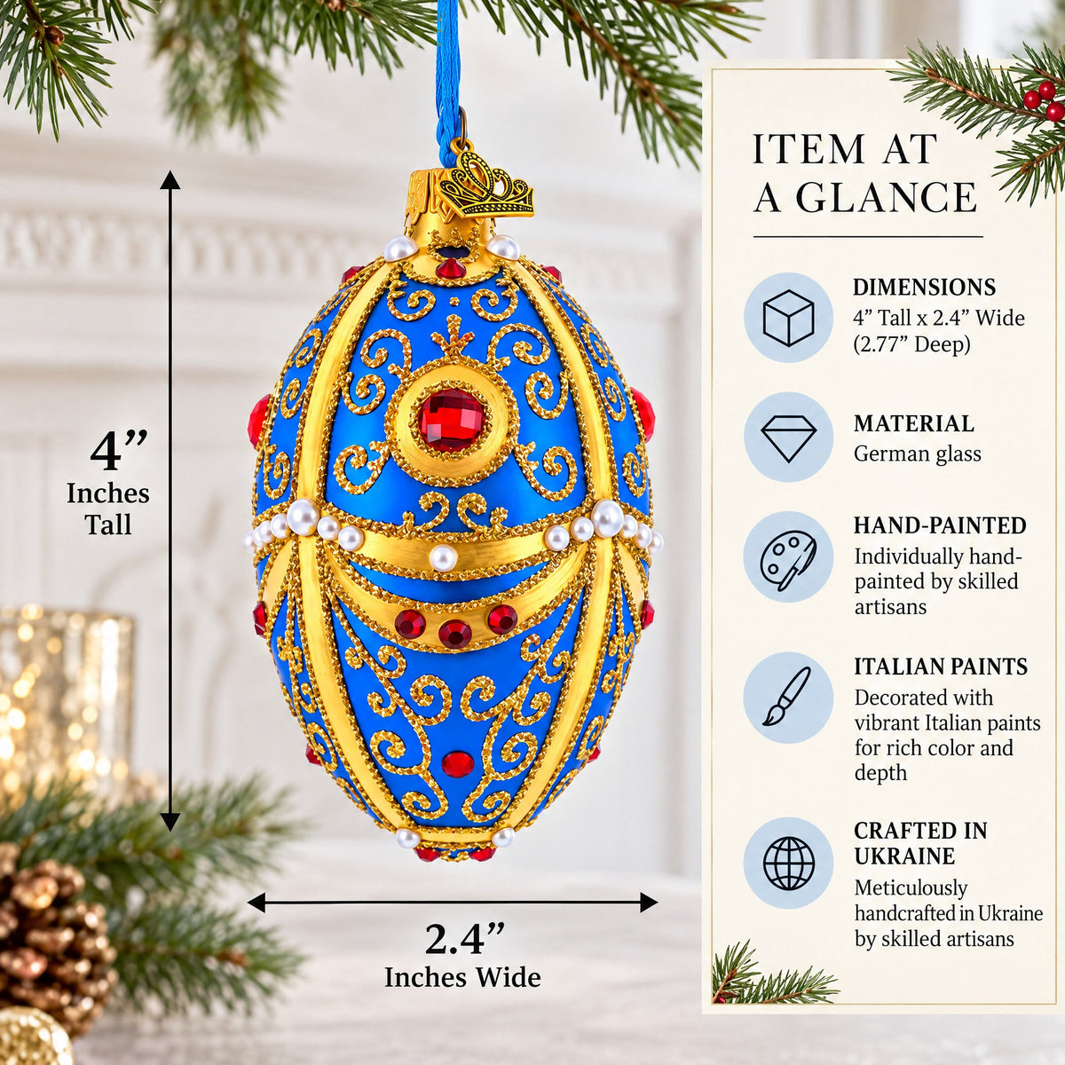 Royal Blue and Gold Ornate Jeweled Glass Egg Ornament 4 Inches