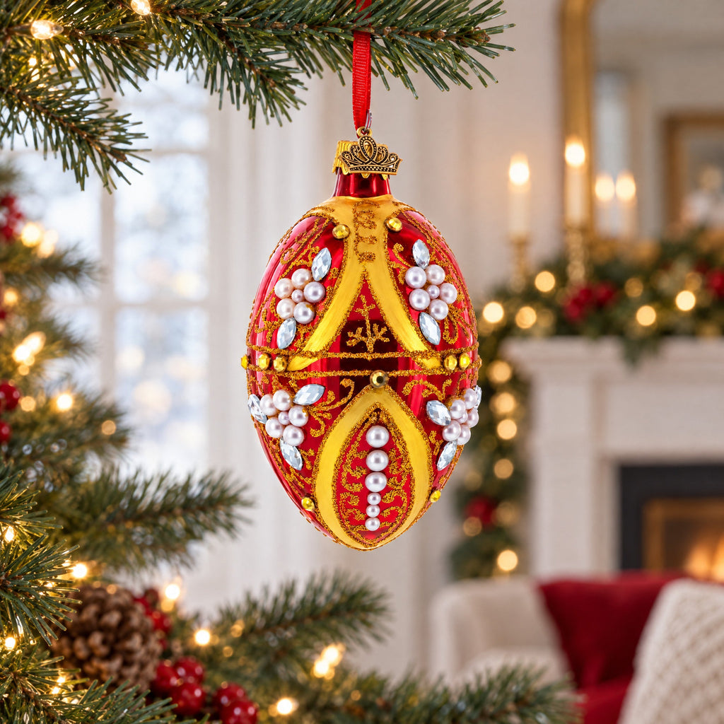 Regal Red and Gold Filigree with Pearls Glass Egg Ornament 4 Inches