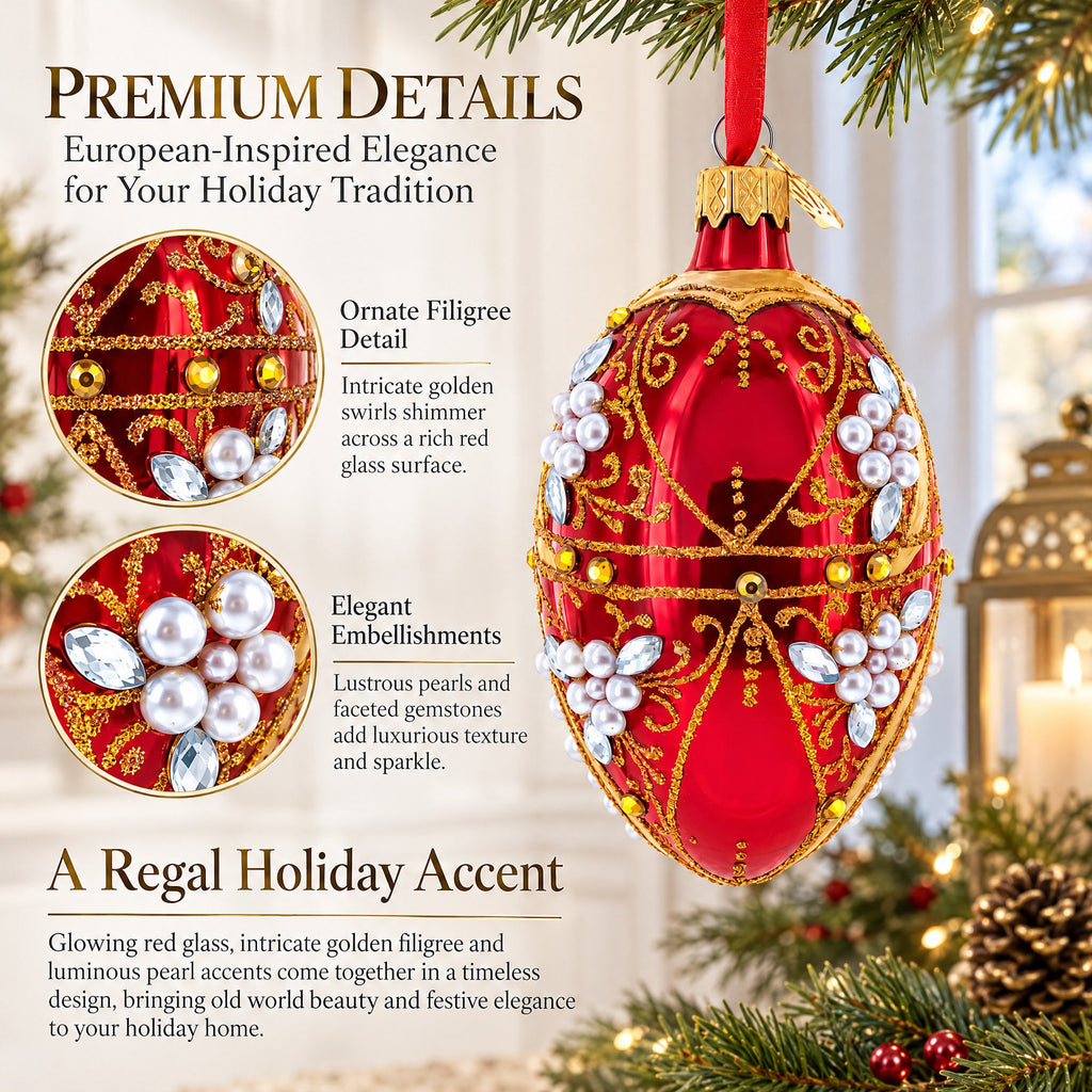 Regal Red and Gold Filigree with Pearls Glass Egg Ornament 4 Inches