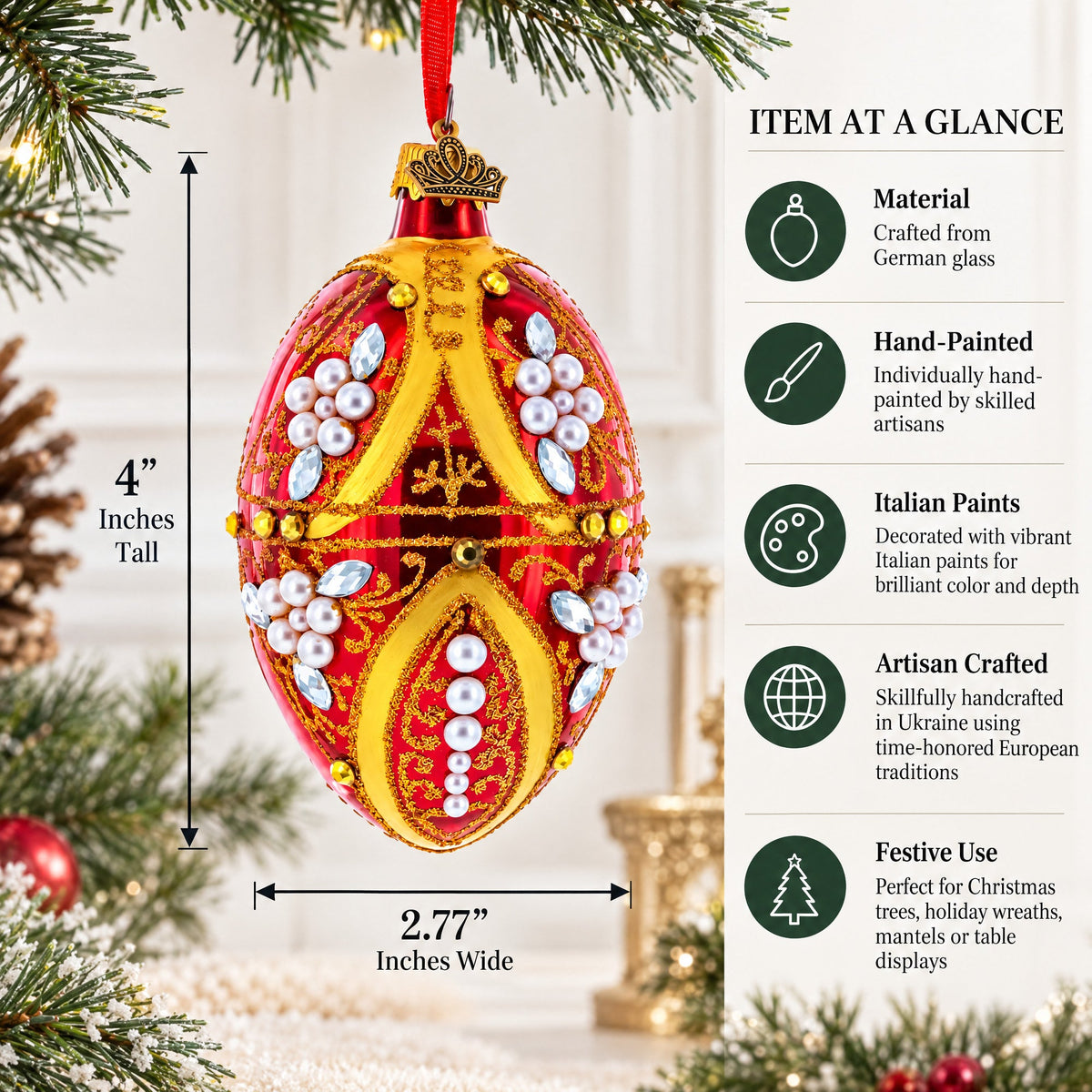 Regal Red and Gold Filigree with Pearls Glass Egg Ornament 4 Inches