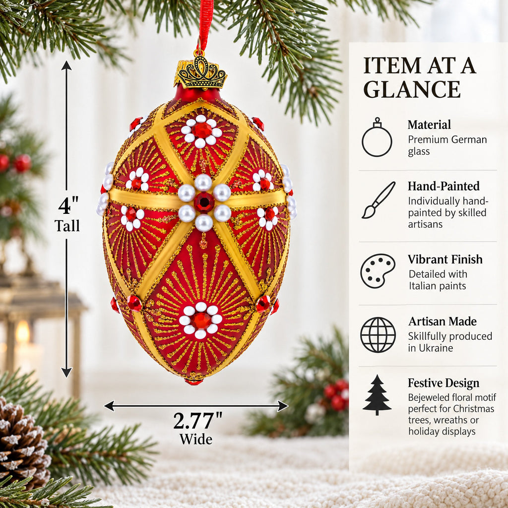 Red and Gold Floral Bejeweled Glass Egg Ornament 4 Inches